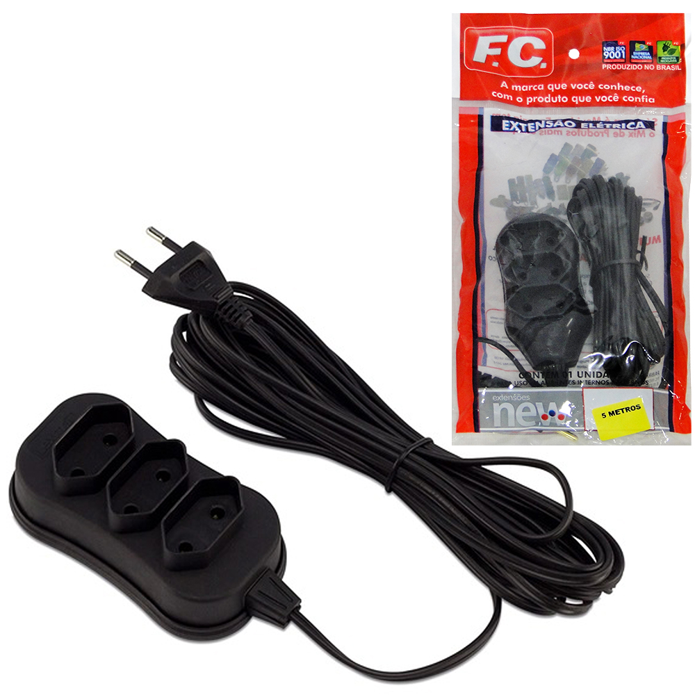 EXTENSAO PRETA 5M COM 3 TOMADAS BIPOLAR BIVOLT NEW CABO PARALELO