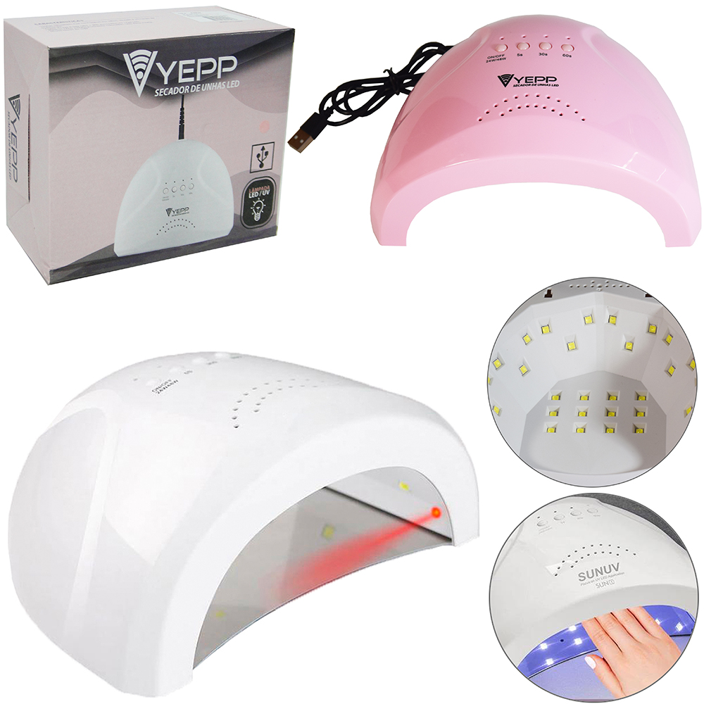 SECADOR DE UNHAS PORTATIL YEPP 24V COM 30 LEDS + TEMPORIZADOR E CABO USB 19,5X15X9CM