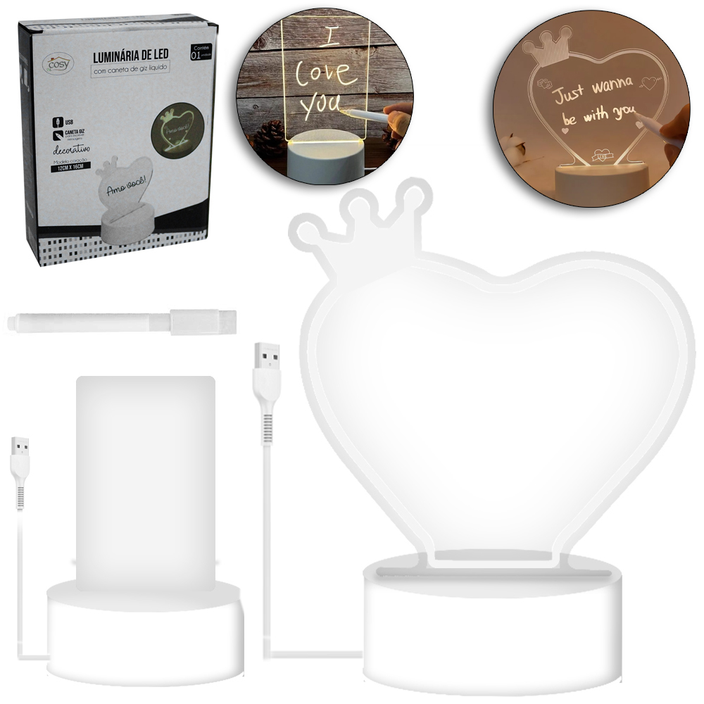 LOUSA LUMINARIA USB DE MESA DE ACRILICO CORACAO / RETANGULAR 5 LEDS + CANETA E BASE PLASTICO 20X10CM 