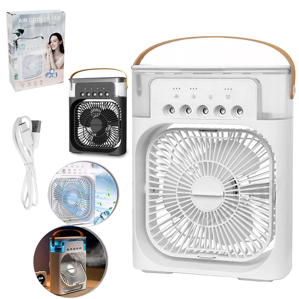 VENTILADOR / CLIMATIZADOR / UMIDIFICADOR DE AR 5V COM 3 VELOCIDADES + LUZ DE LED + ALCA E CABO USB