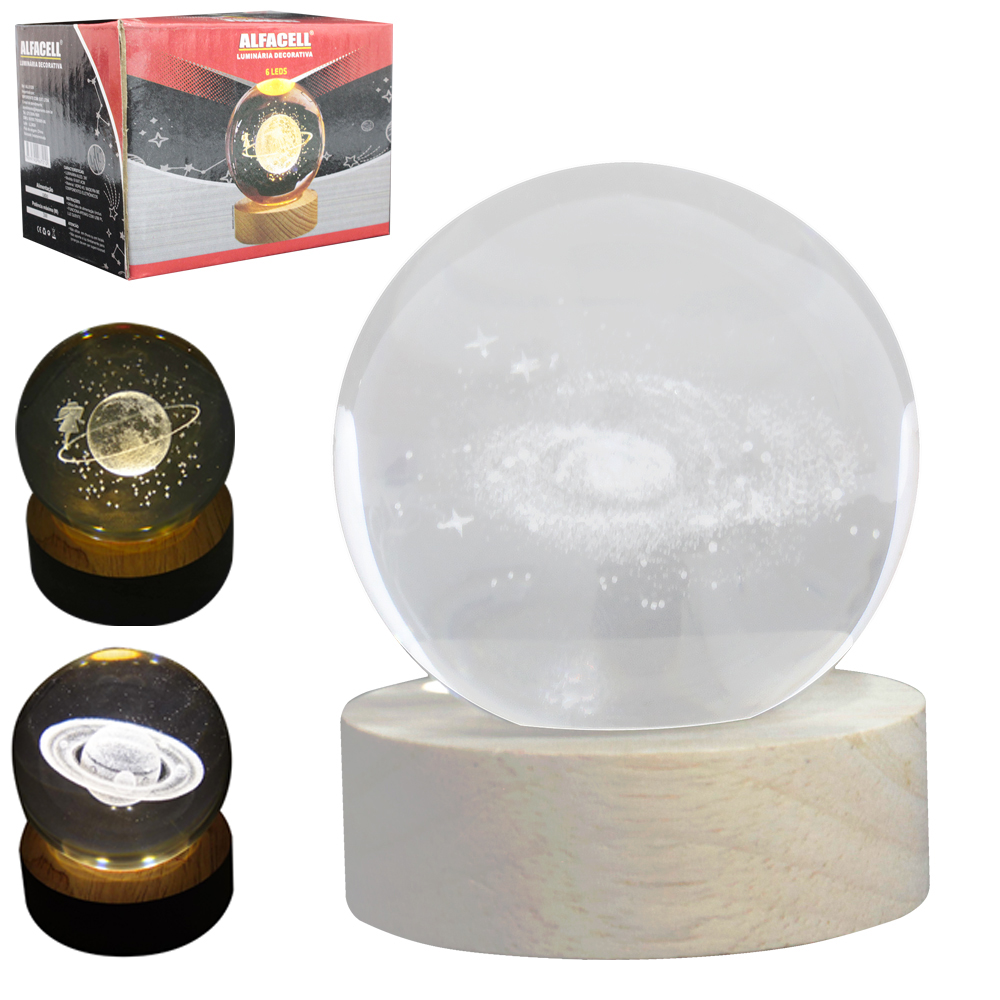 ENFEITE LUMINOSO DECORATIVO ESFERA DE VIDRO PLANETA COM BASE DE MADEIRA + 6 LEDS USB