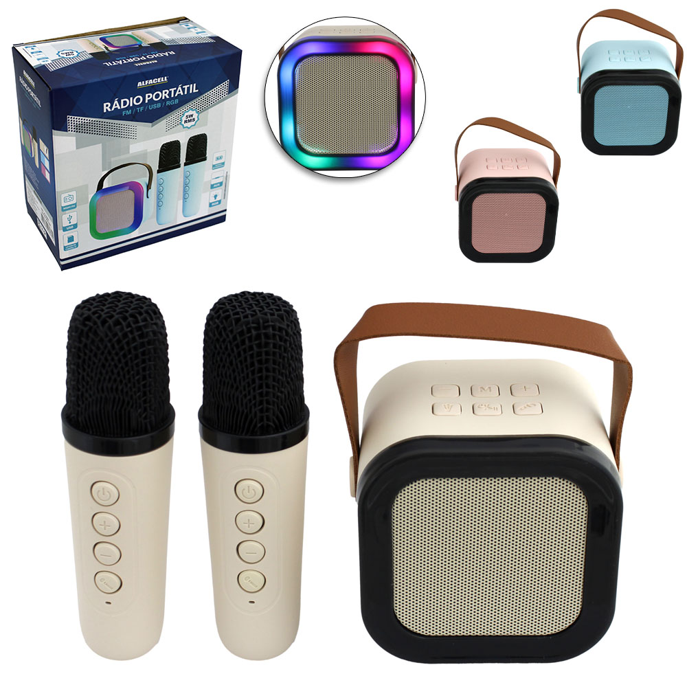 CAIXA DE SOM KARAOKE BLUETOOTH / USB / AUX / TF COM LUZ + 2 MICROFONES 5W BIVOLT