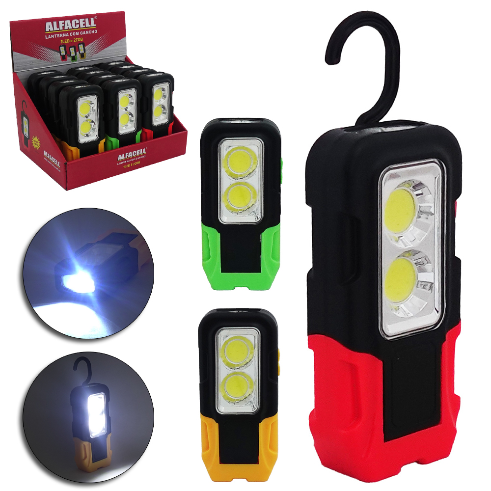 LANTERNA LUMINARIA MAGNETICO COM 1 LED + 12 COB E GANCHO A PILHA 