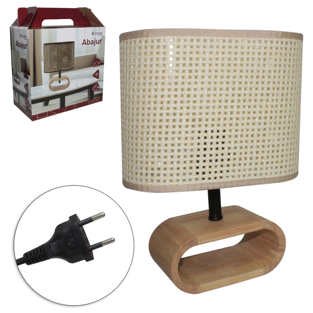 ABAJUR LUMINARIA COM CUPULA E BASE DE MADEIRA BIVOLT DECOR 30X22X11,5CM