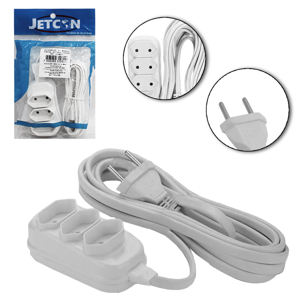 EXTENSAO BRANCA 3M COM 3 TOMADAS BIPOLAR BIVOLT 2200W CABO PARALELO