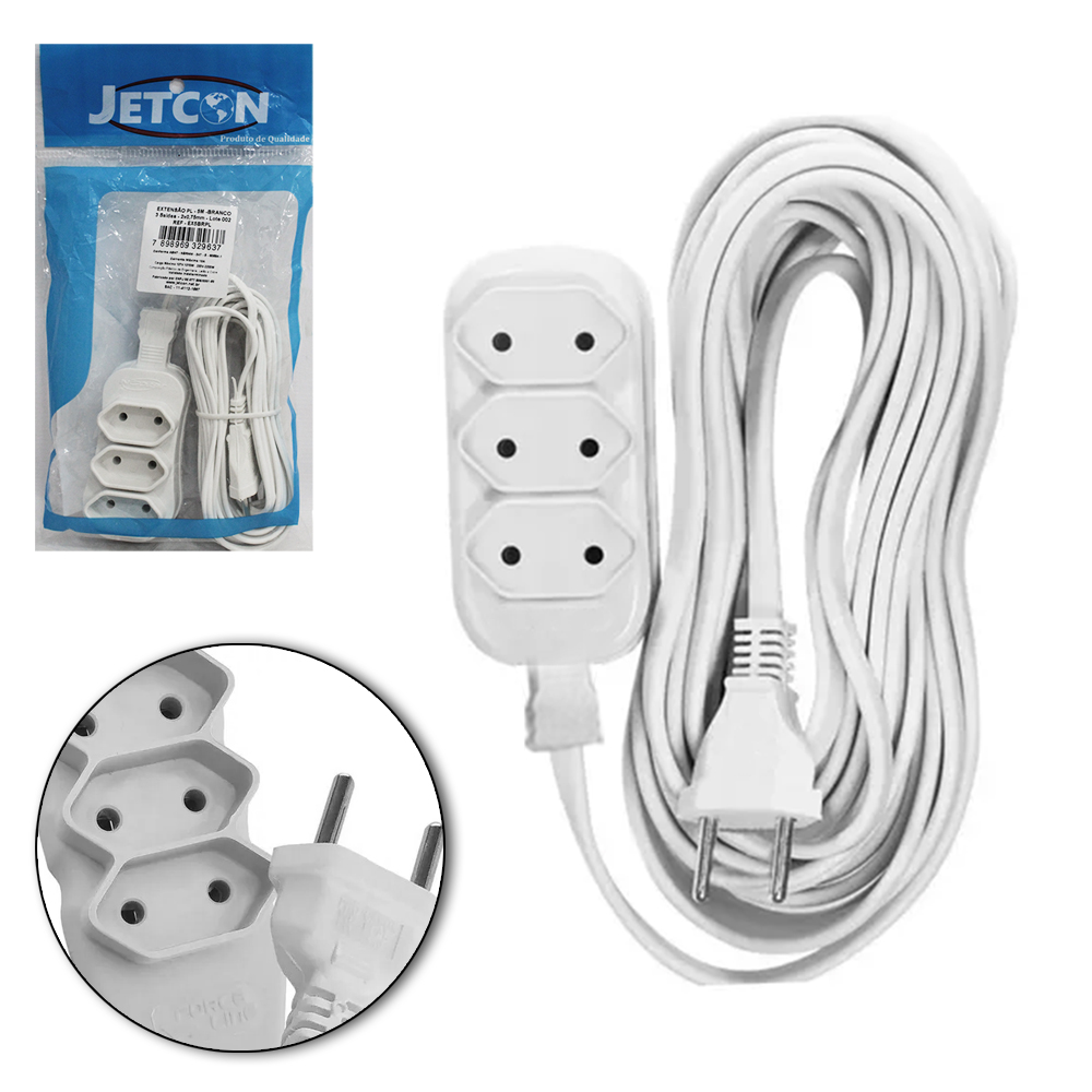 EXTENSAO BRANCA 5M COM 3 TOMADAS BIPOLAR BIVOLT 2200W CABO PARALELO
