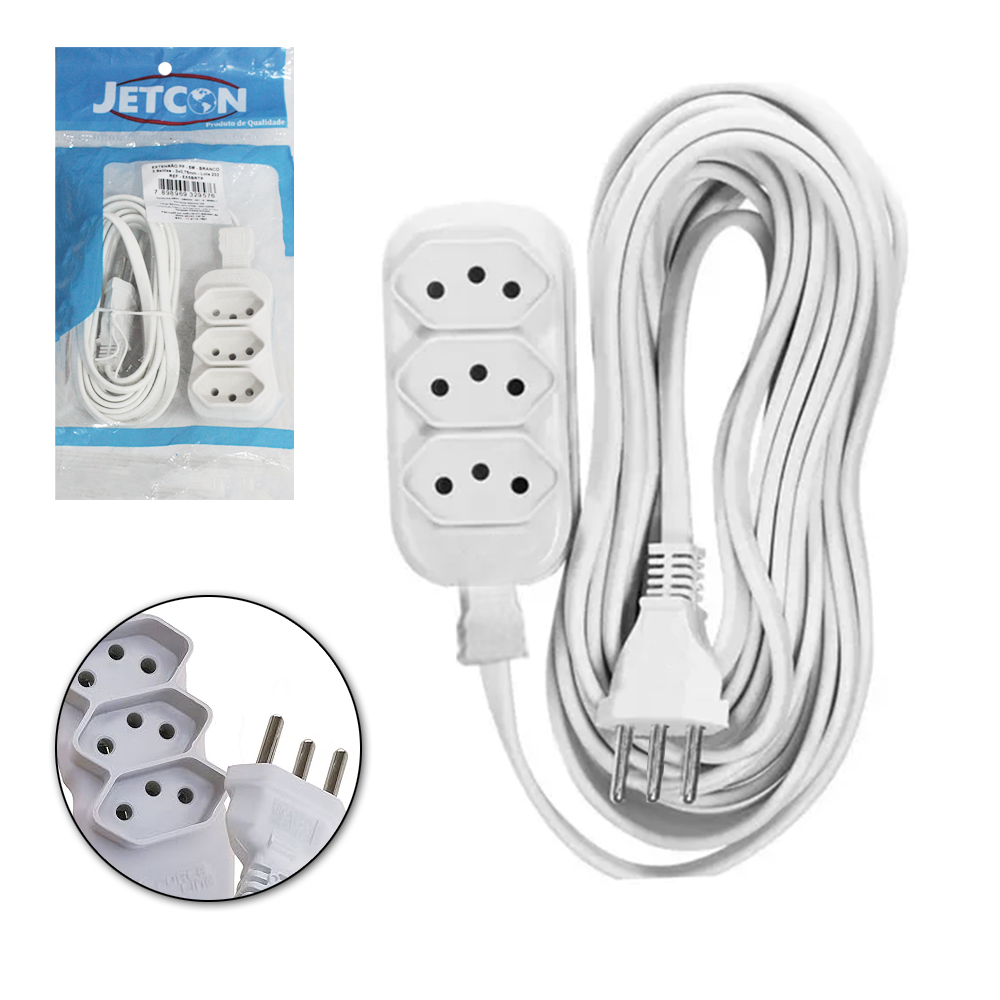 EXTENSAO BRANCA 5MT COM 3 TOMADAS TRIPOLAR BIVOLT 2200W CABO PP
