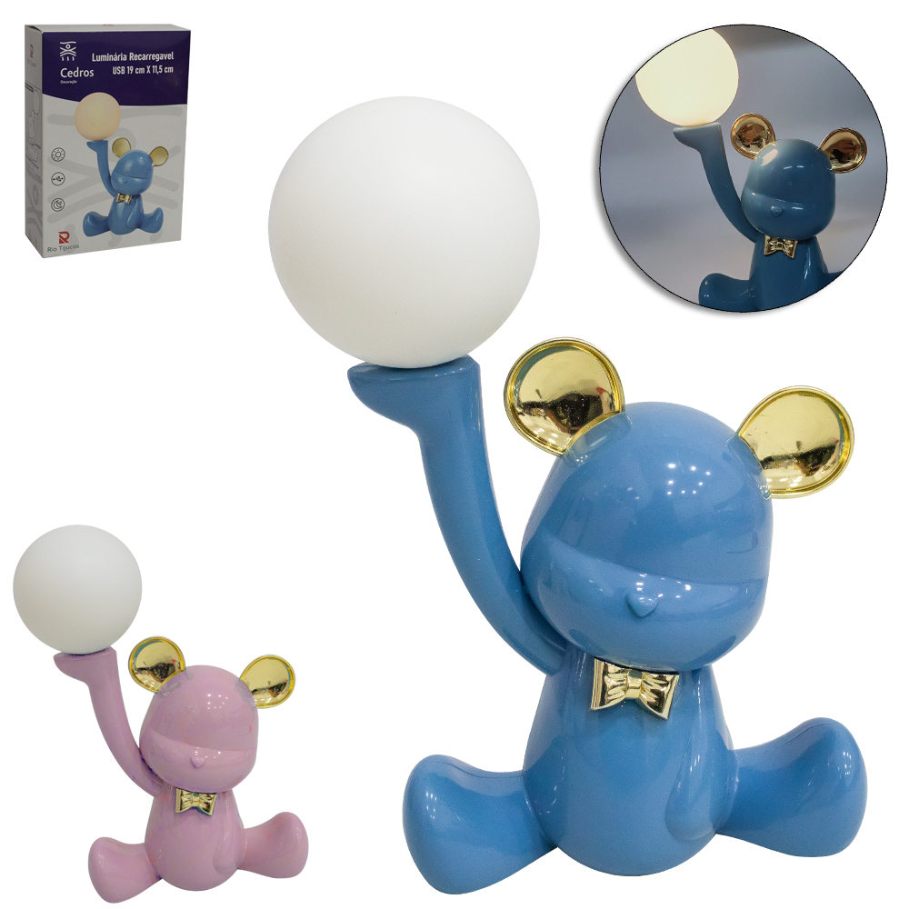 LUMINARIA DE MESA RECARREGAVEL DE LED URSO COM LUA + CABO USB
