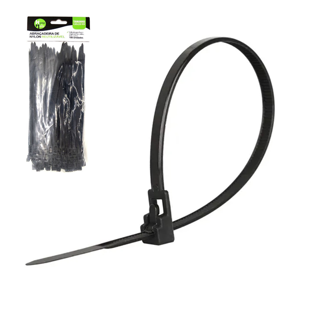 ABRACADEIRA DE NYLON REUTILIZAVEL PRETO COM 100 PECAS 4,8X200MM