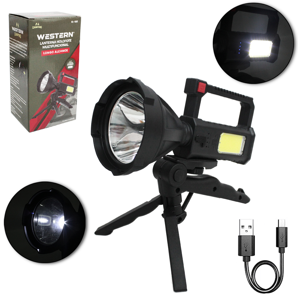 LANTERNA HOLOFOTE MULTIFUNCIONAL LONGO ALCANCE CAMPING PORTATIL RECARREGAVEL COM 1 LED + COB + TRIPE E CABO USB
