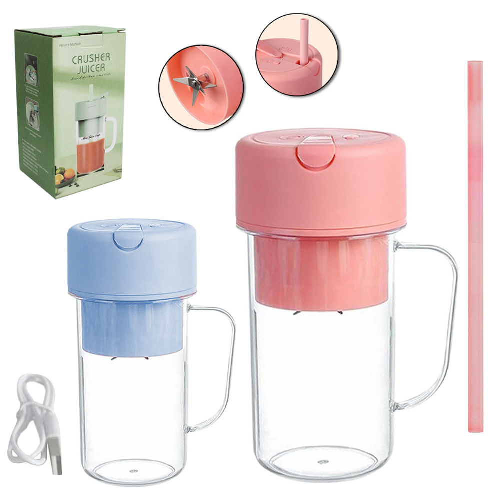 CANECA LIQUIDIFICADOR PORTATIL RECARREGAVEL COM CANUDO DE SILICONE BIVOLT USB 500ML