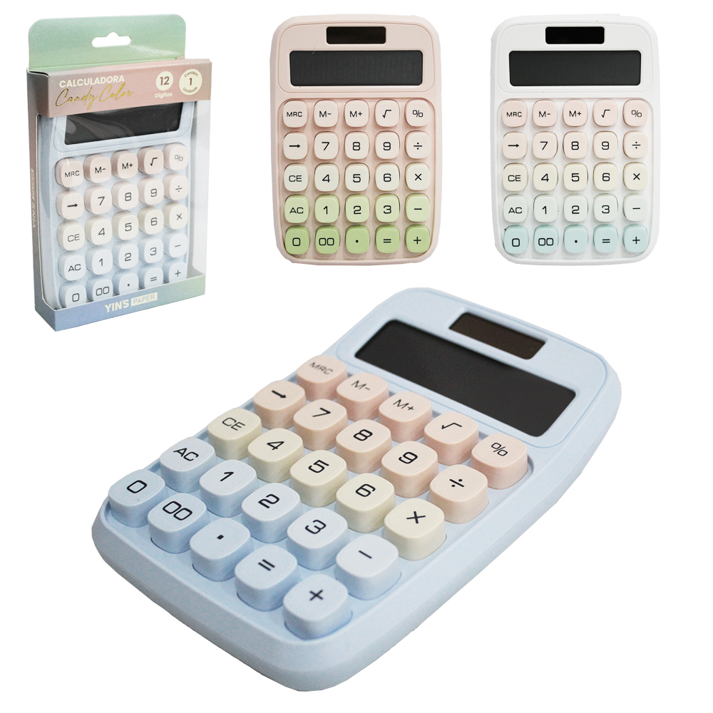 CALCULADORA ELETRONICA RETRO 12 DIGITOS CANDY COLOR YINS PAPER A PILHA / SOLAR 16,5X11CM