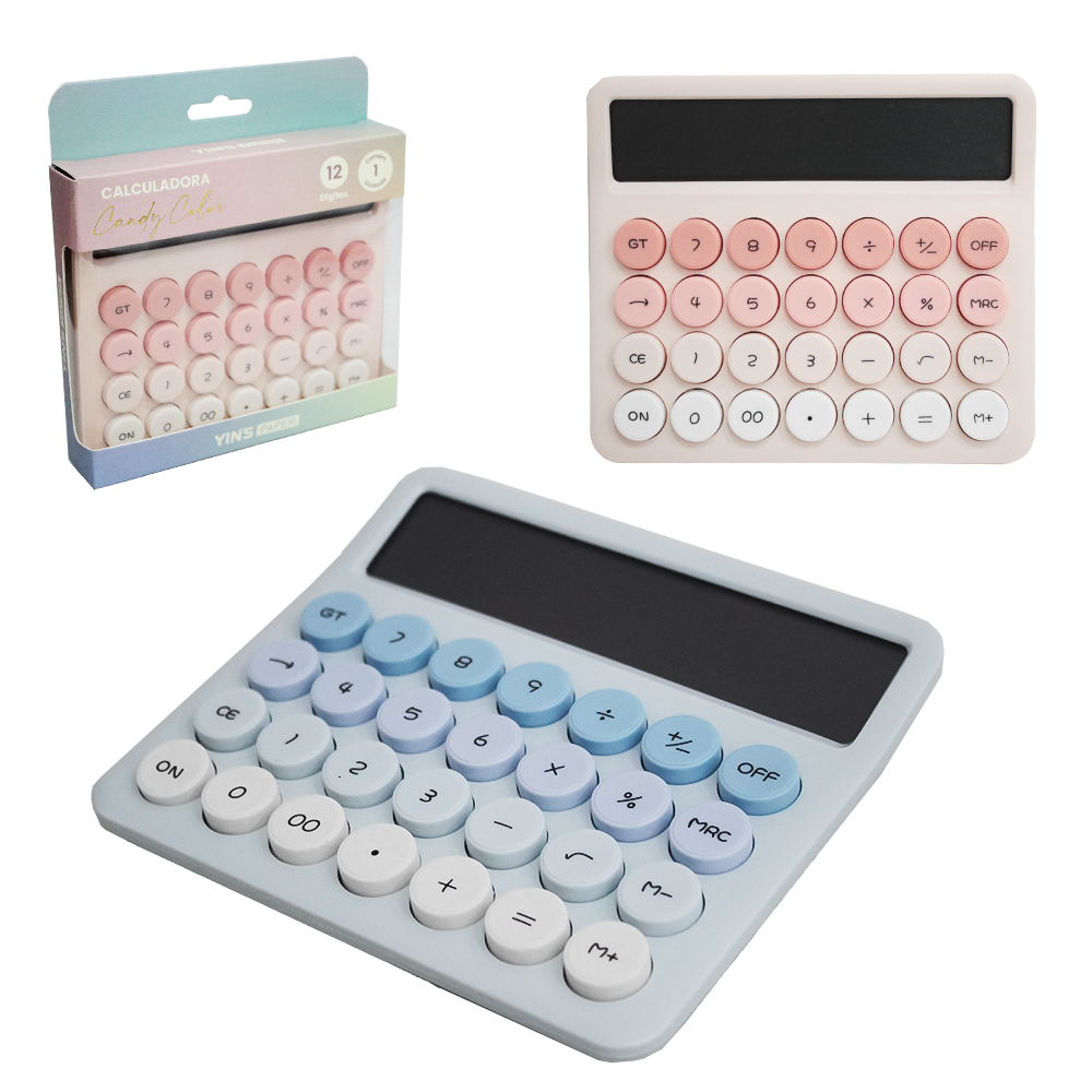 CALCULADORA ELETRONICA RETRO 12 DIGITOS CANDY COLOR YINS PAPER A PILHA 14X12CM