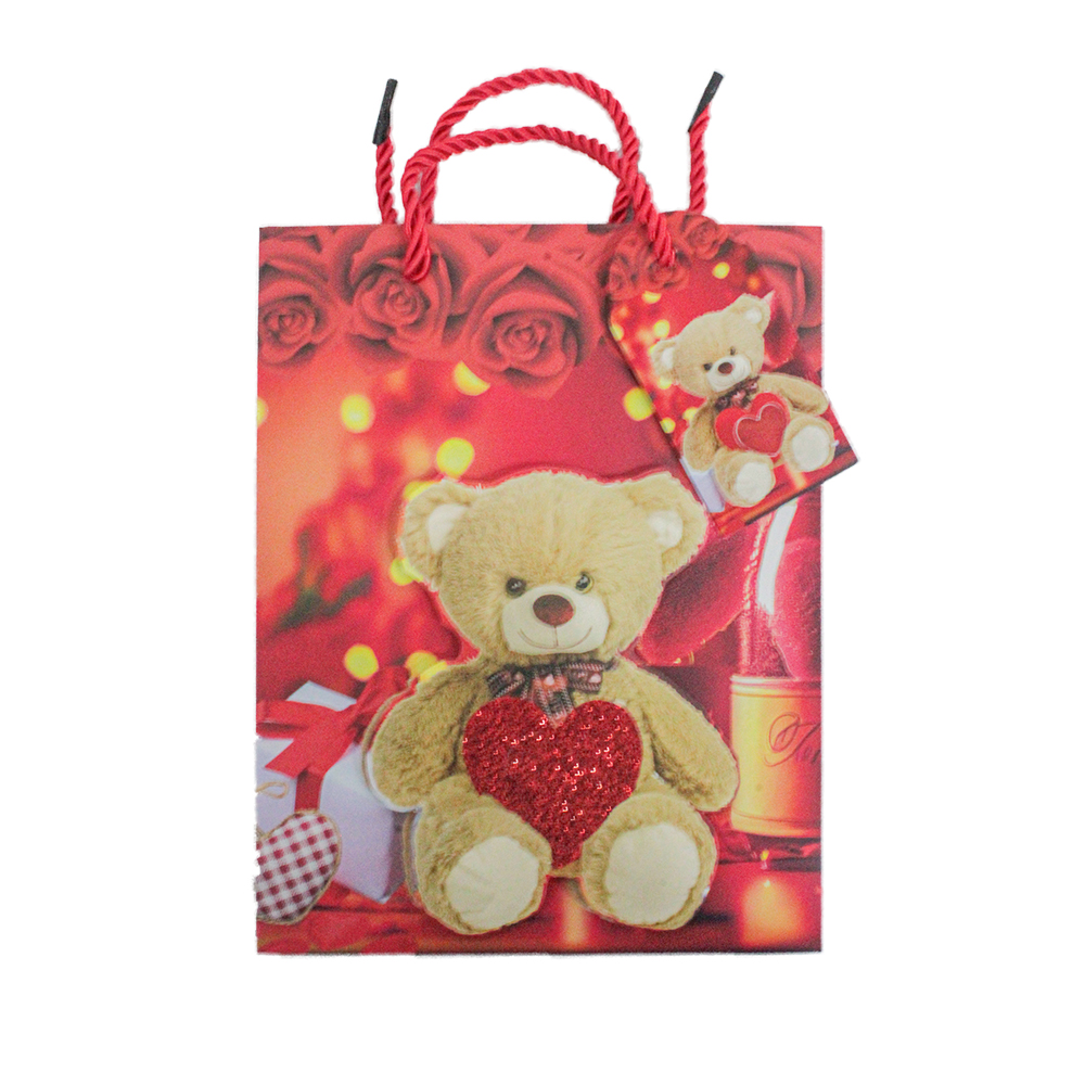 SACOLA DE PAPEL PARA PRESENTE LUXO URSO COM CORACAO GLITTER 3D 23X18X10CM