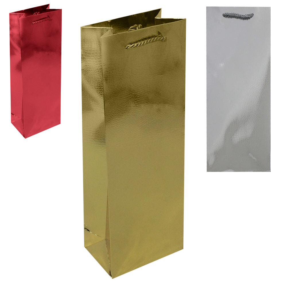 SACOLA DE PAPEL PARA GARRAFA DE VINHO LUXO METALIZADO 36X12,8X8,2CM