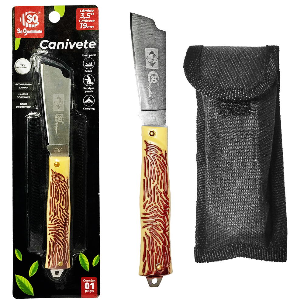 CANIVETE MANUAL DOBRAVEL DE INOX COM BAINHA 3,5'' 19CM 						