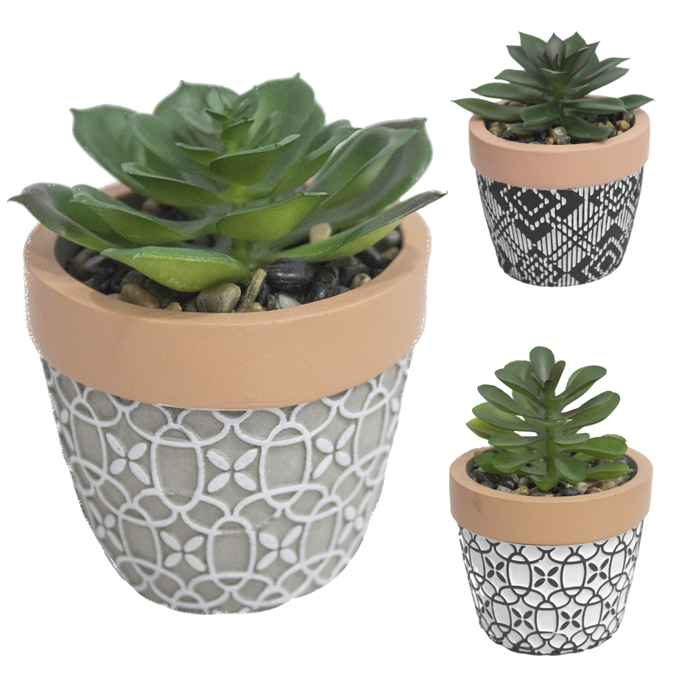 FLOR ARTIFICIAL SUCULENTA COM VASO DE CIMENTO REDONDO 6,5X7CM DE Ø
