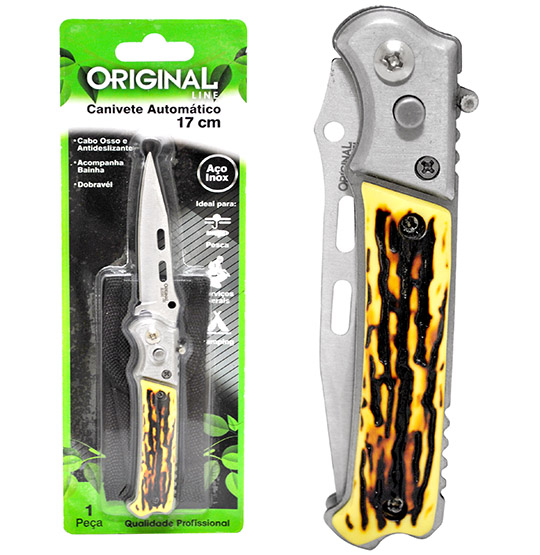 CANIVETE AUTOMATICO 17CM CABO DE OSSO COM BAINHA ESPORTIVA