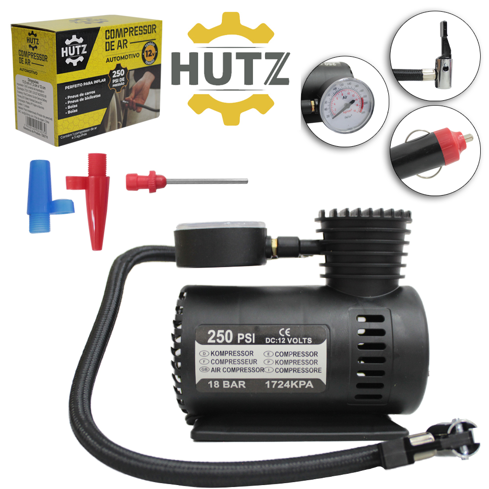 MINI COMPRESSOR DE AR AUTOMOTIVO 12V COM CALIBRADOR + 3 BICOS 250PSI DE PRESSAO