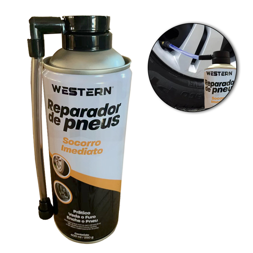 REPARADOR DE PNEUS SOCORRO IMEDIATO VEDA O FURO ENCHE O PNEU COM TAMPA + DIRECIONADOR 400ML/250G