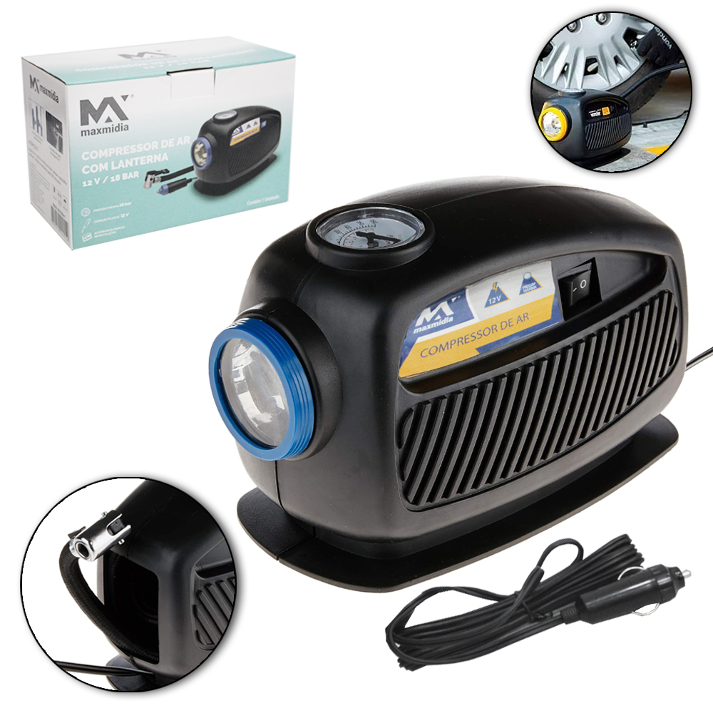 MINI COMPRESSOR AR AUTOMOTIVO 12V/18 BAR COM LANTERNA + CALIBRADOR E 3 BICOS MAXMIDIA