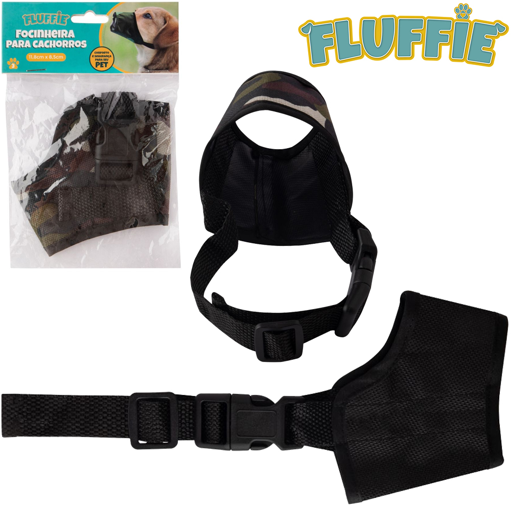 FOCINHEIRA PARA CACHORRO DE POLIESTER CAMUFLADA / PRETA COM FECHO FLUFFIE 11,8X8,5CM