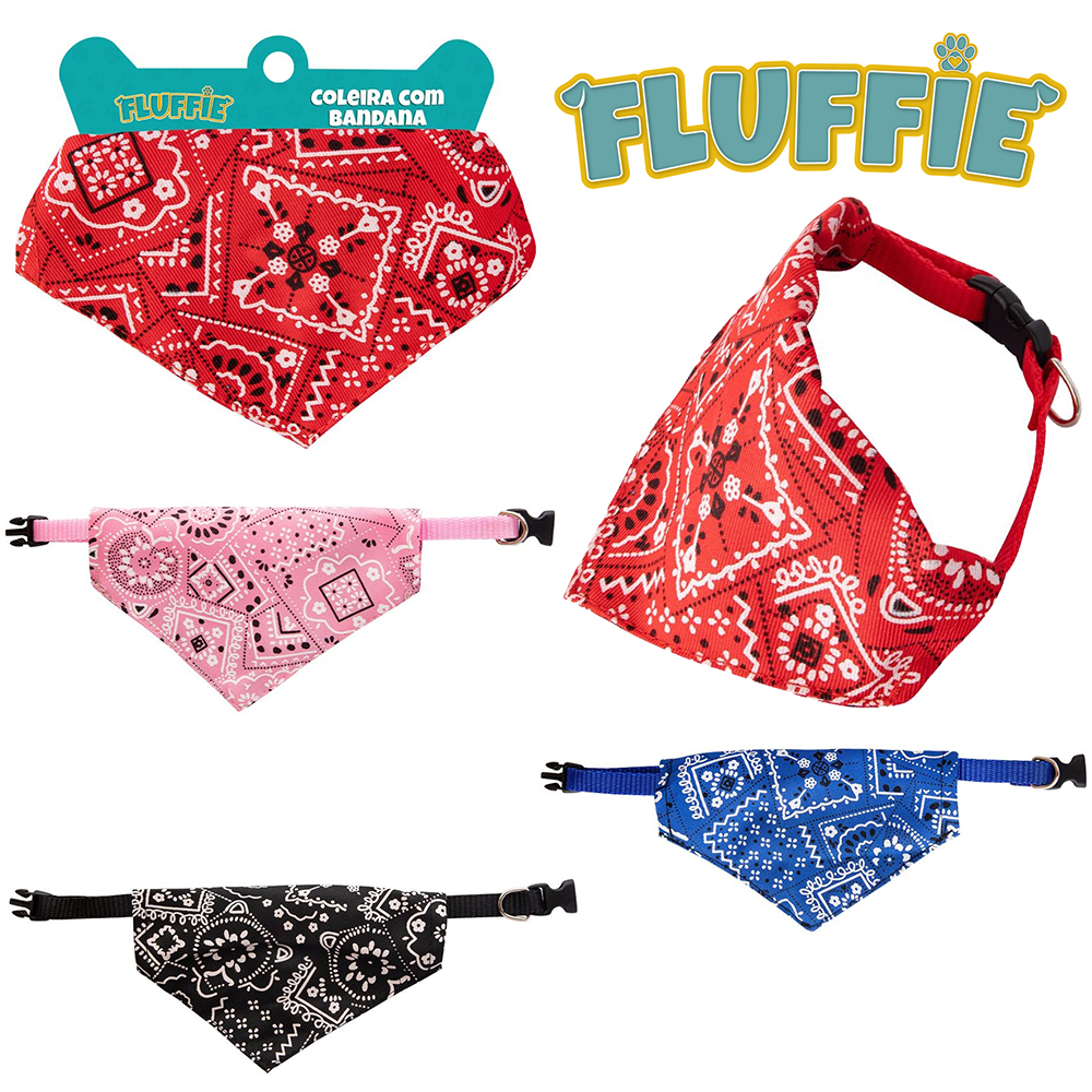 COLEIRA DE POLIESTER PARA CACHORRO COM BANDANA DE TECIDO ESTAMPADA FLUFFIE 14,5X1,5CM