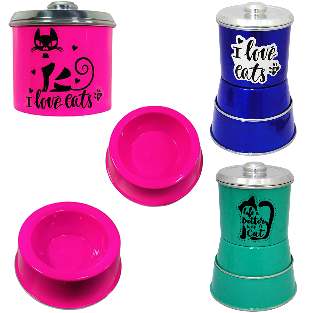 POTE PORTA RACAO COM COMEDOURO / BEBEDOURO DE ALUMINIO 3 PECAS 