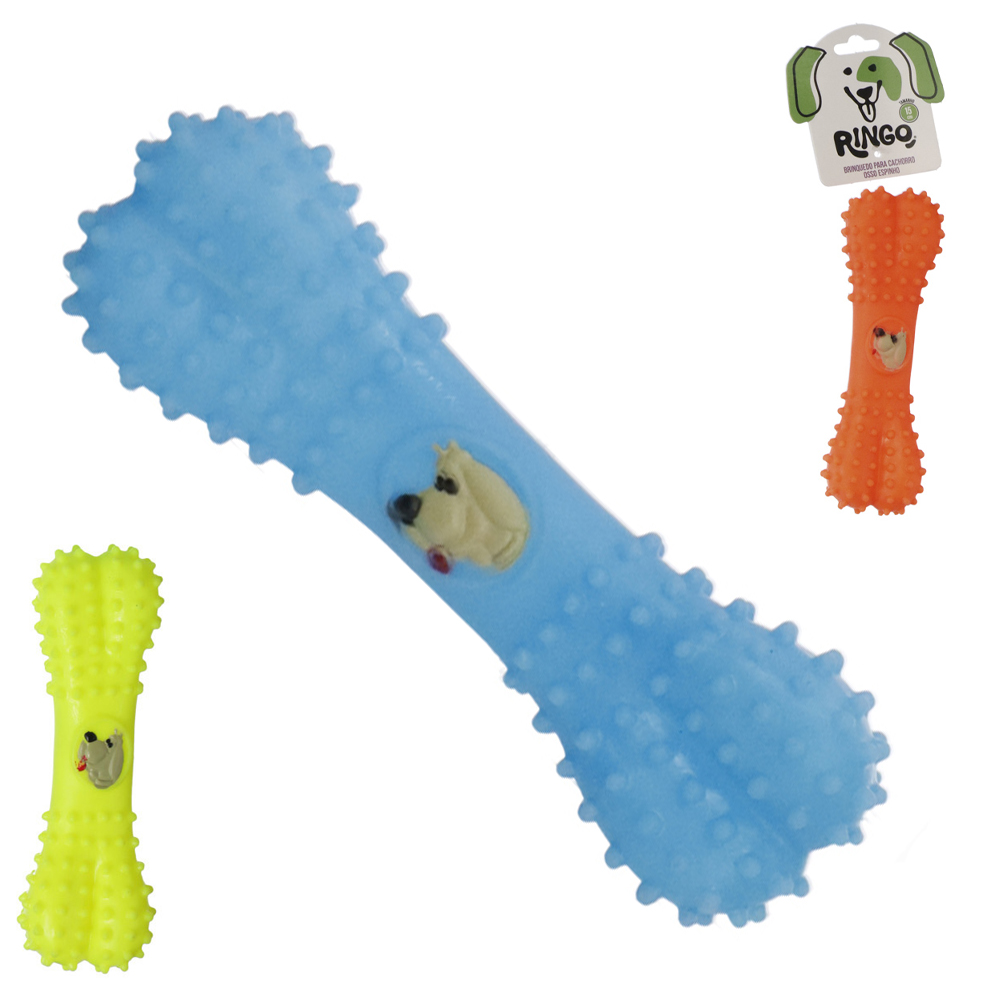 BRINQUEDO PARA CACHORRO OSSO COM ESPINHO DE PVC COM SOM 15X5X3CM