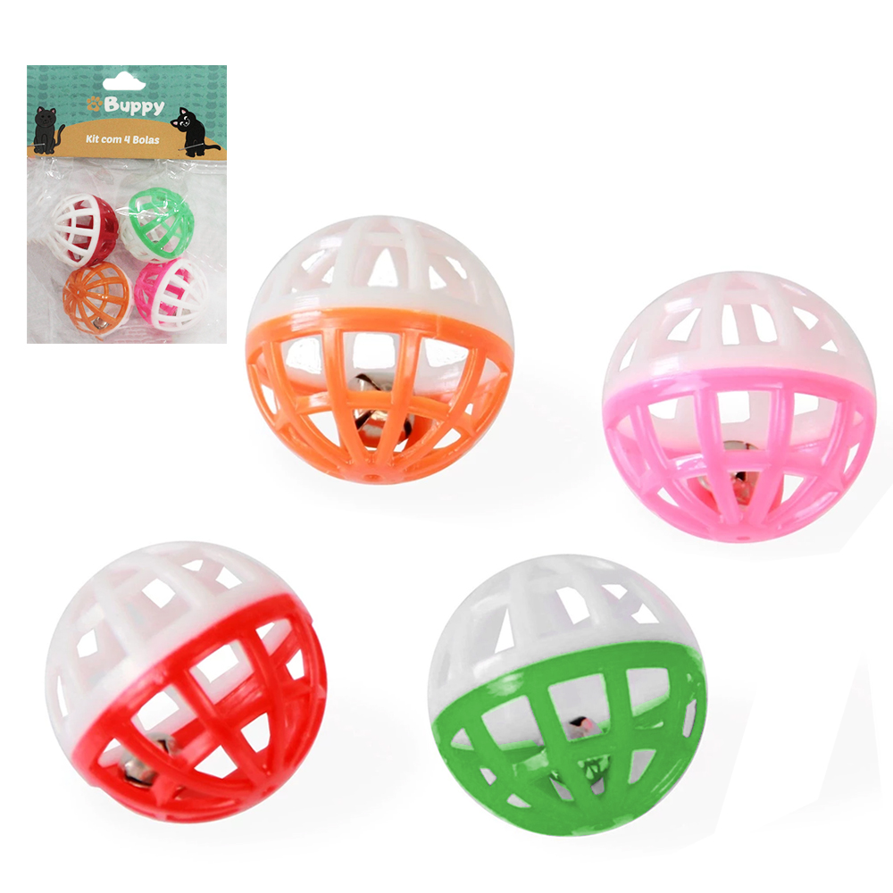 BRINQUEDO PARA GATO BOLA DE PLASTICO COM GUIZO 4 PECAS 3,8CM DE Ø