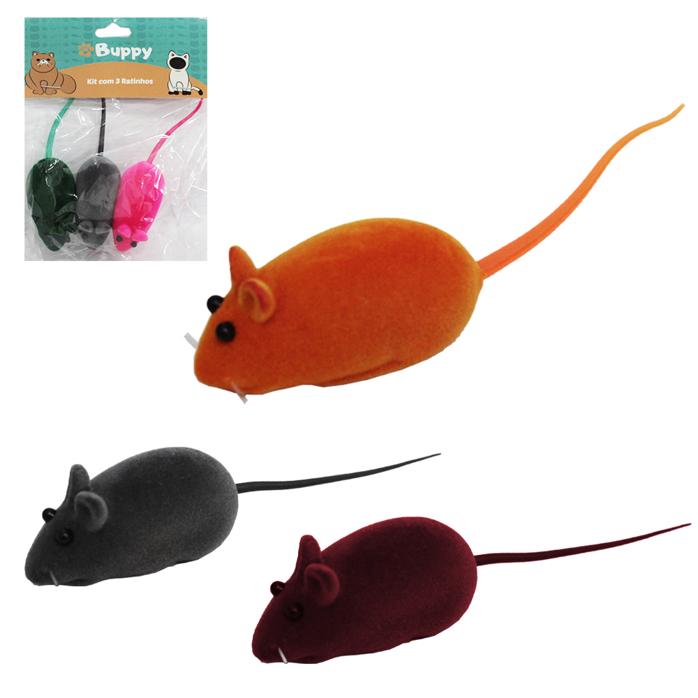 BRINQUEDO PARA GATO RATO DE VELUDO COM SOM 3 PECAS 11X3X2,5CM