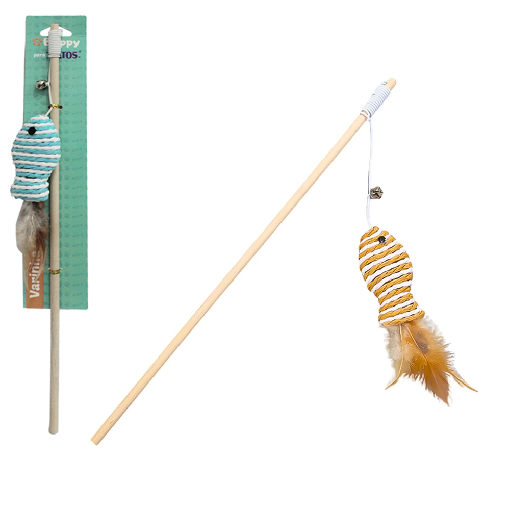 BRINQUEDO PARA GATO VARA COM PEIXE DE PAPEL + PENA E GUIZO 40CM