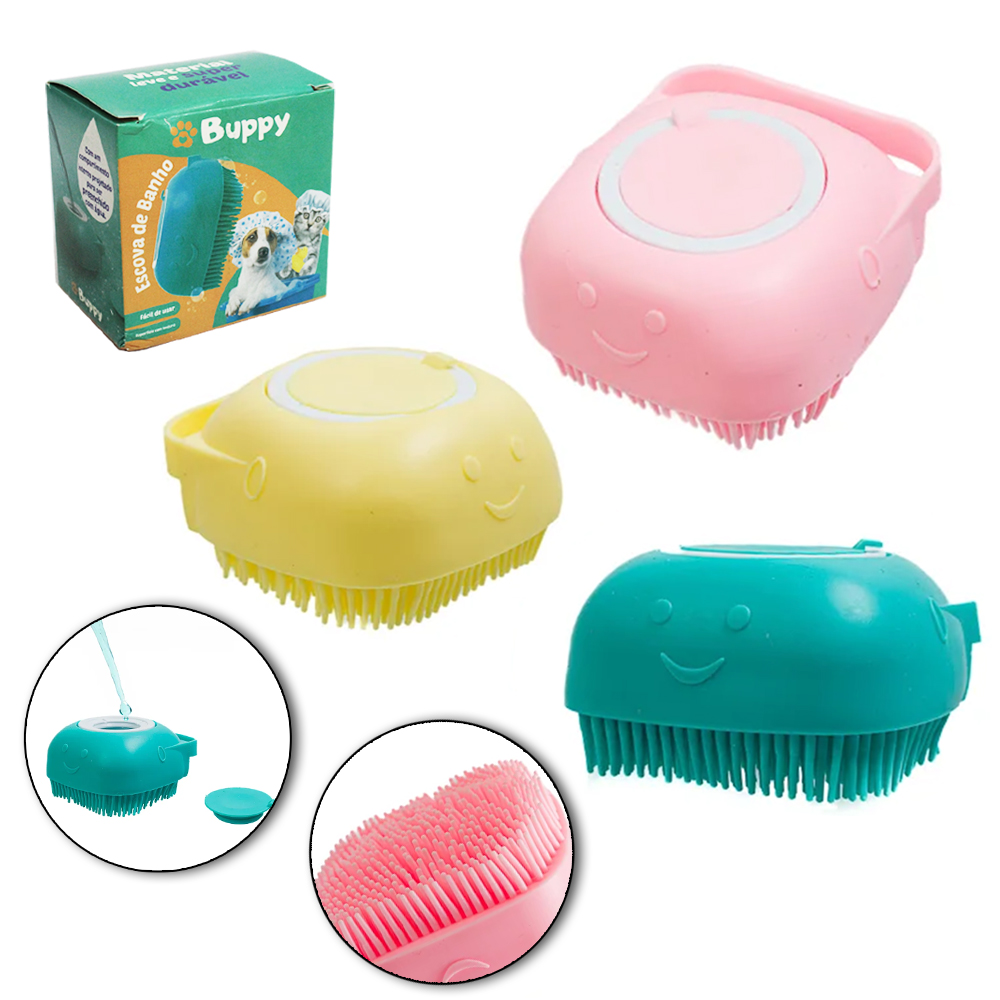 ESCOVA ESPONJA / BUCHA DE SILICONE PARA CACHORRO E GATO PARA BANHO COM DISPENSER 8,5X8X5CM