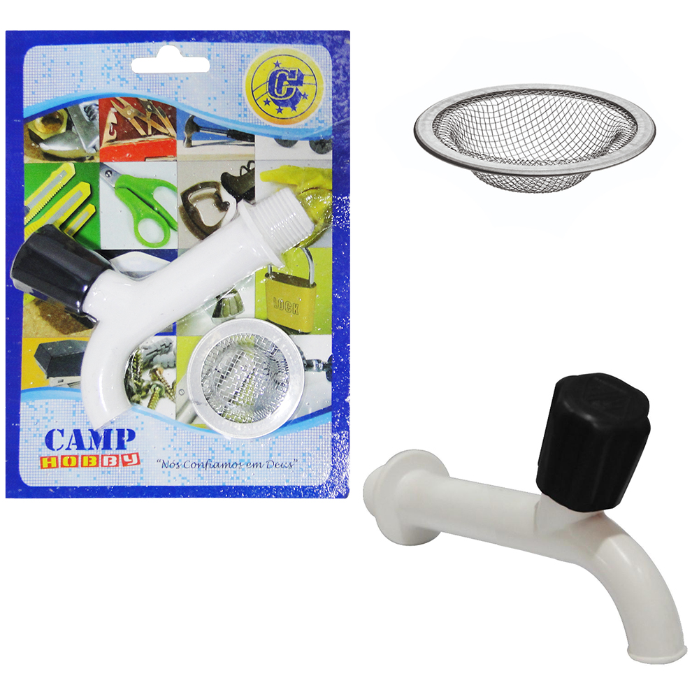TORNEIRA DE PLASTICO PARA PIA 11CM ½'' COM RALO PARA PIA TELADO NA CARTELA