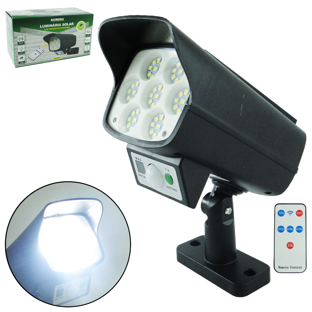 LUMINARIA SOLAR COM SENSOR DE PRESENCA AJUSTAVEL 63 LEDS SMD E CONTROLE