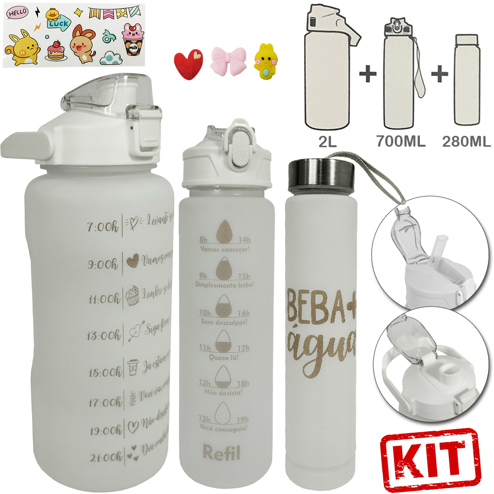 GARRAFA SQUEEZE DE PLASTICO EMBORRACHADO BRANCA MOTIVACIONAL KIT 3 PECAS 2L + 700ML + 280ML