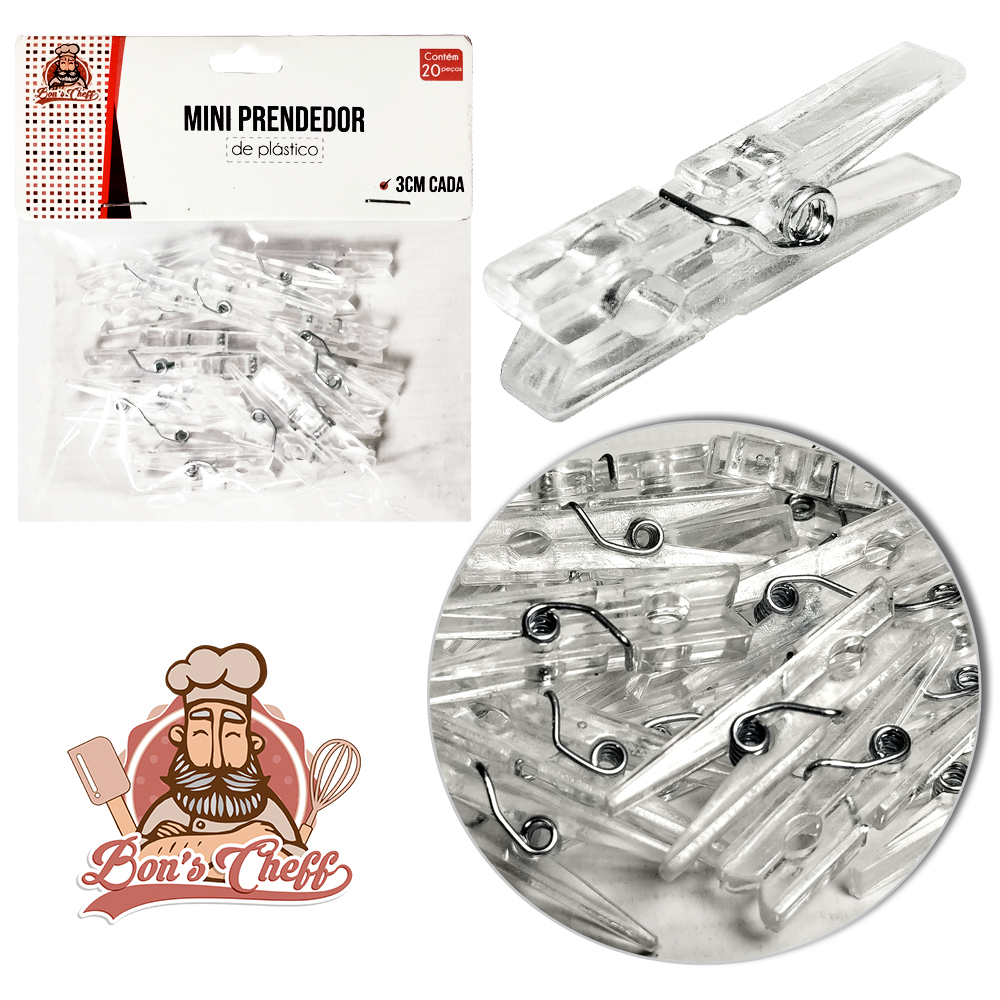 MINI PRENDEDOR DE ACRILICO TRANSPARENTE COM 20 PECAS 3CM