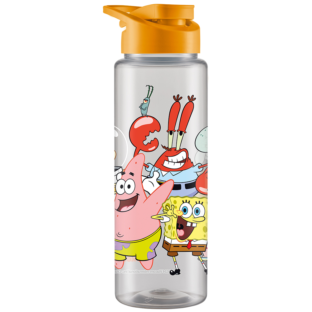 GARRAFA SQUEEZE DE PLASTICO PET SPORT TRANSPARENTE TURMA BOB ESPONJA PARAMO COM TAMPA + ALCA 750ML