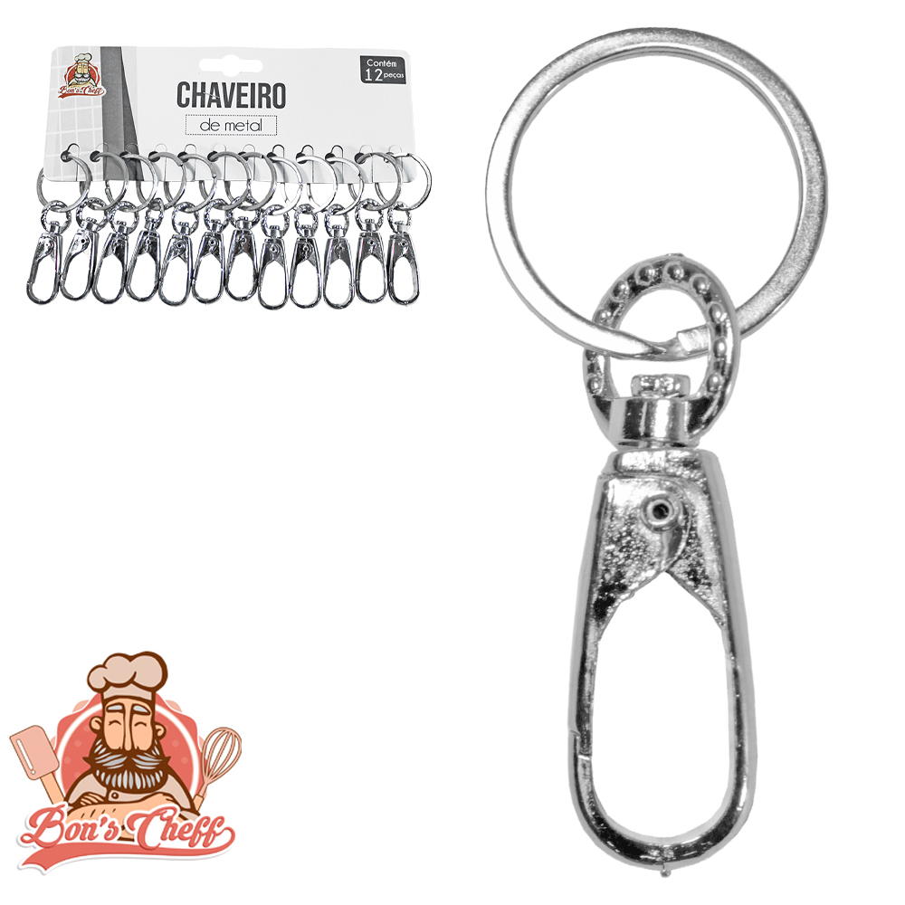 CHAVEIRO DE METAL MOSQUETAO COM 12 PECAS 7X3CM