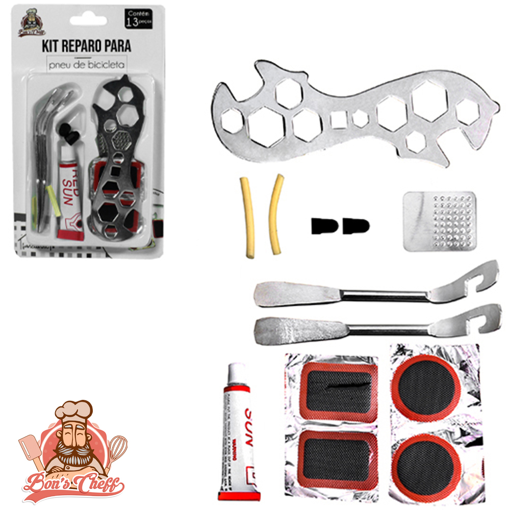 KIT REPARO PARA PNEU DE BICICLETA COM CHAVE BOLA / BOCA + COLA E ACESSORIOS 13 PECAS