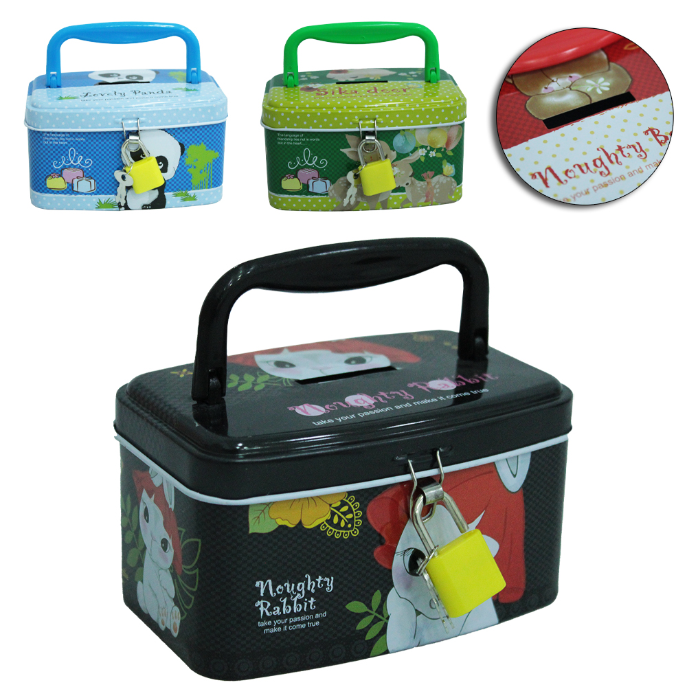 COFRE DE METAL / LATA RETANGULAR COM CADEADO + ALCA E ESTAMPAS SORTIDAS 12X8X7CM