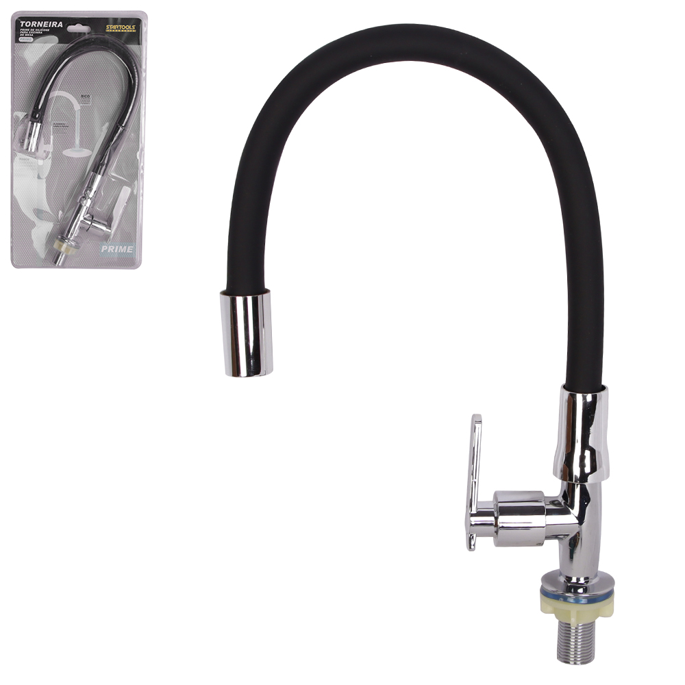 TORNEIRA INOX / SILICONE BLACK GIRATORIA COM DUCHA FLEXIVEL COZINHA MESA COM ANEL VEDACAO PRIME 58,5X7,3X4CM