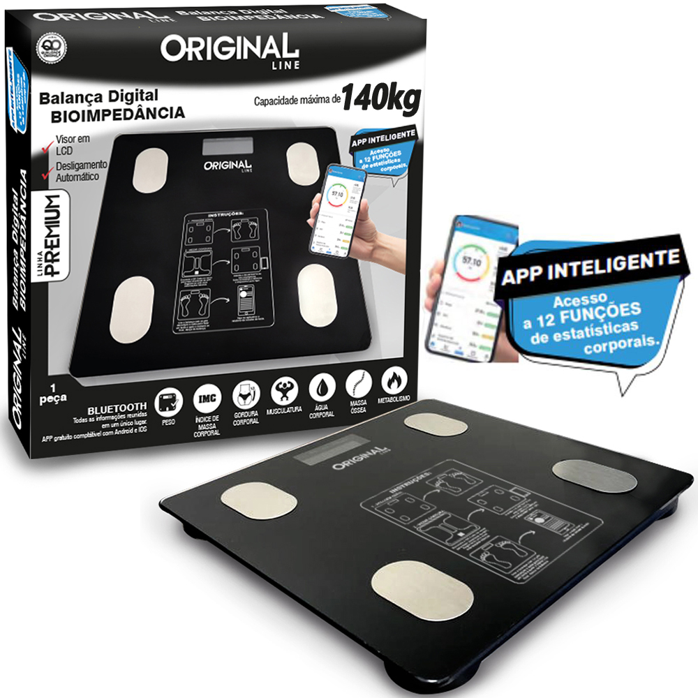 BALANCA DE PISO DIGITAL DE VIDRO QUADRADA BIOIMPEDANCIA COM BLUETOOTH PREMIUM 140KG A PILHA