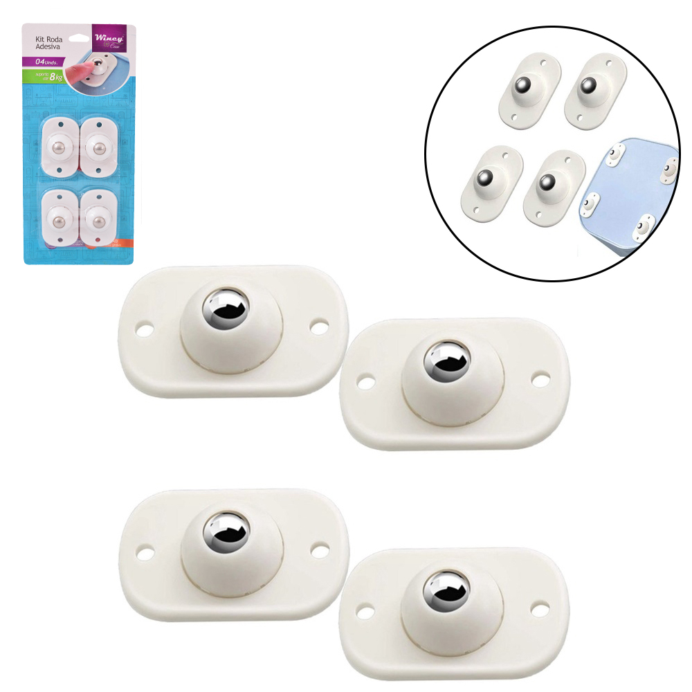 KIT RODIZIO DE PLASTICO COM ESFERA DE INOX AUTOADESIVO COM 4 PECAS 4,5X3X1,5CM