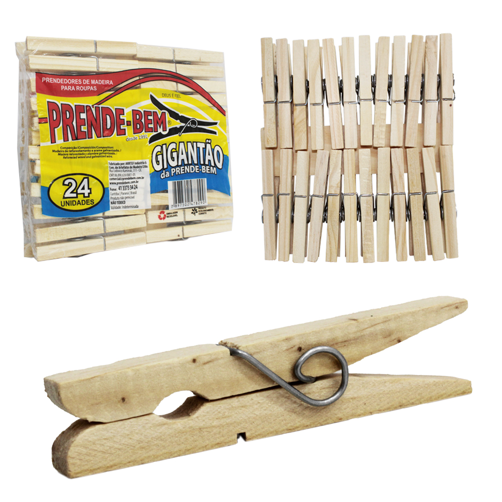 PRENDEDOR DE ROUPA DE MADEIRA GIGANTAO COM 24 PECAS 9X1CM