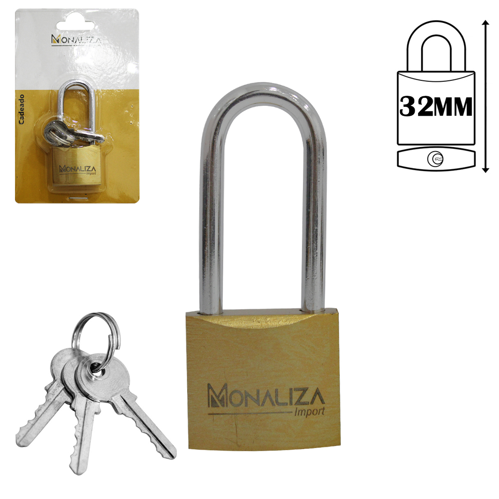 CADEADO 32MM HASTE LONGA COM 3 CHAVES