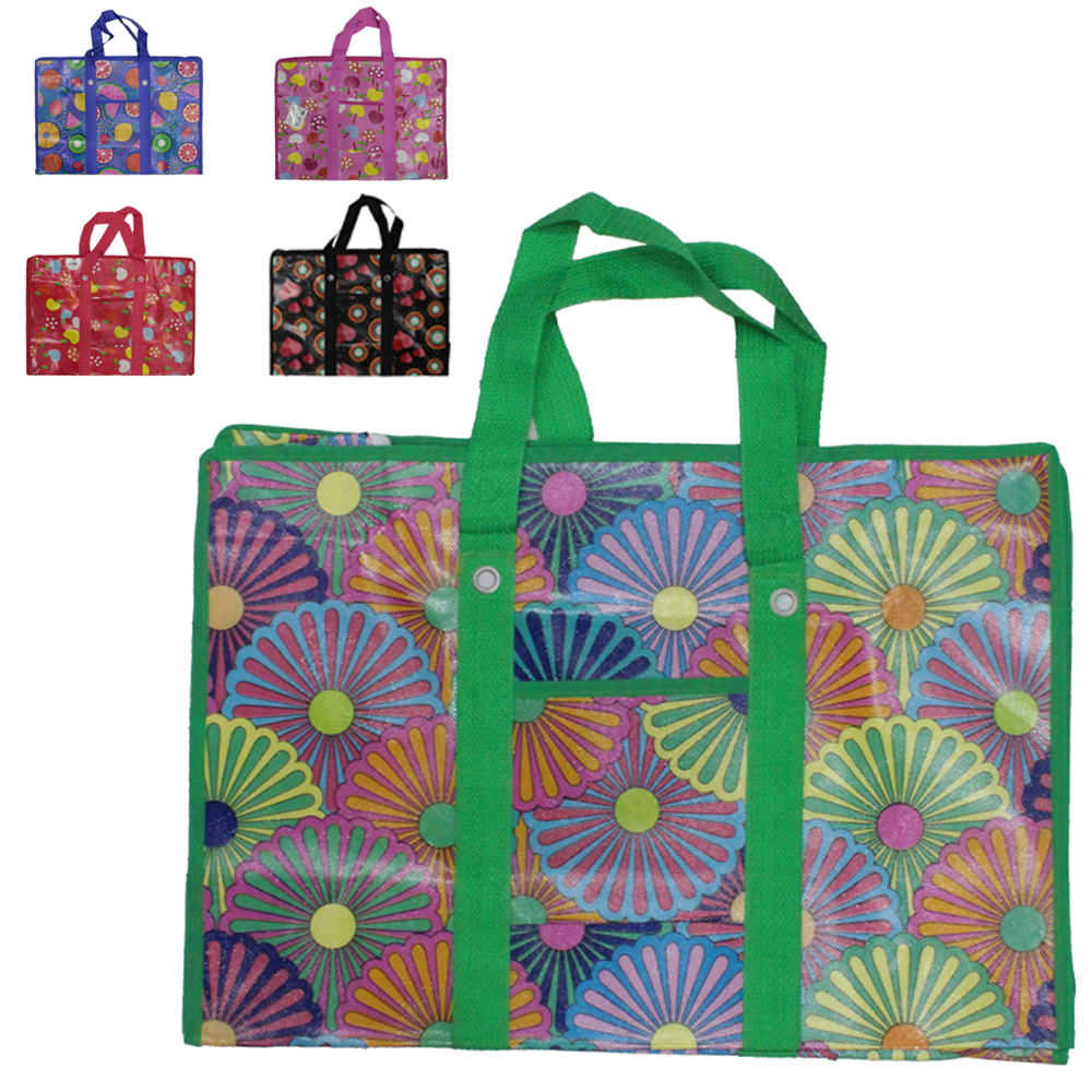 SACOLA DE NYLON REUTILIZAVEL COM ZIPER ESTAMPADA 50X35X20CM