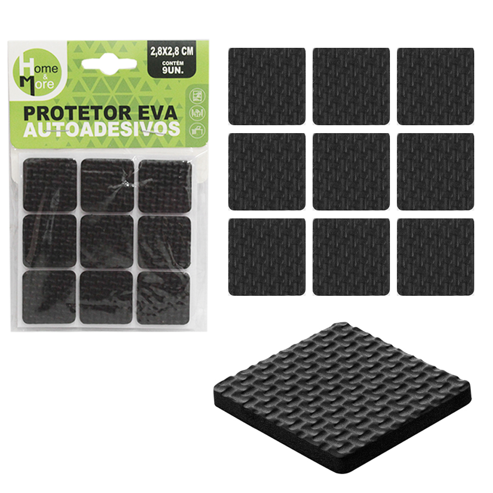 PROTETOR AUTOADESIVO PARA MOVEIS EM EVA QUADRADO PRETO COM 9 PECAS 2,8CM