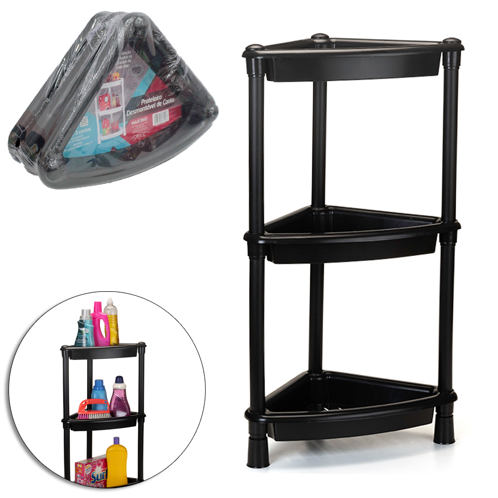 PRATELEIRA DE PLASTICO TRIANGULAR 3 ANDARES PRETA 64,5X38X26CM