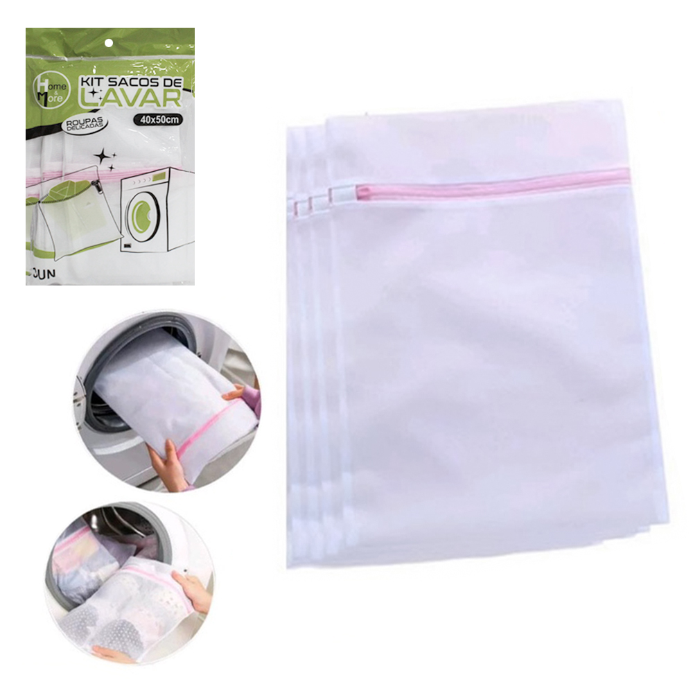 KIT SACOS PARA LAVAR ROUPA DELICADA COM ZIPER ROSA COM 3 PECAS 40X50CM